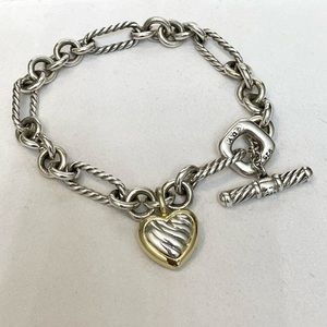 Vintage David Yurman Sterling Silver & 18k Gold Figaro Heart Toggle Bracelet